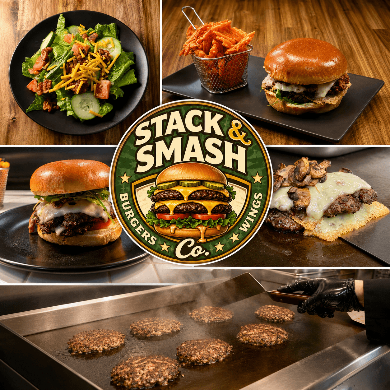 Stack & Smash Co. collage of burgers, wings, salad, and smash patties on the griddle around the brand logo