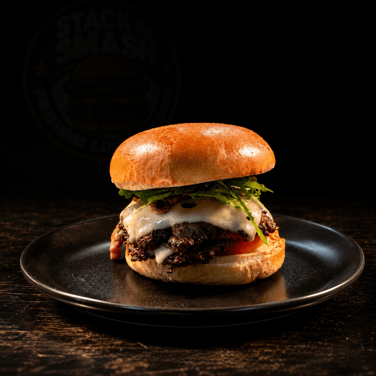 Swiss Shroom burger with mushrooms, melted swiss cheese, and arugula